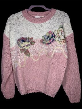 VINTAGE Needles & Yarn Pink and White Floral Sweater